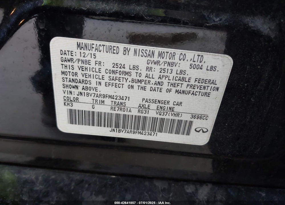 2015 INFINITI Q50 PREMIUM VIN: JN1BV7AR9FM423471