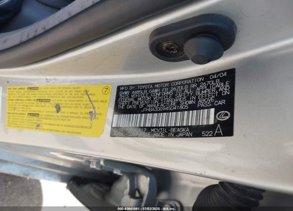 2004 LEXUS ES 330 VIN: JTHBA30G945041805