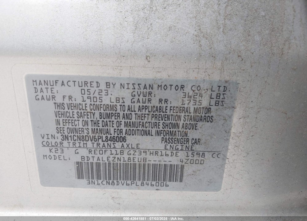 2023 NISSAN VERSA VIN: 3N1CN8DV6PL846006