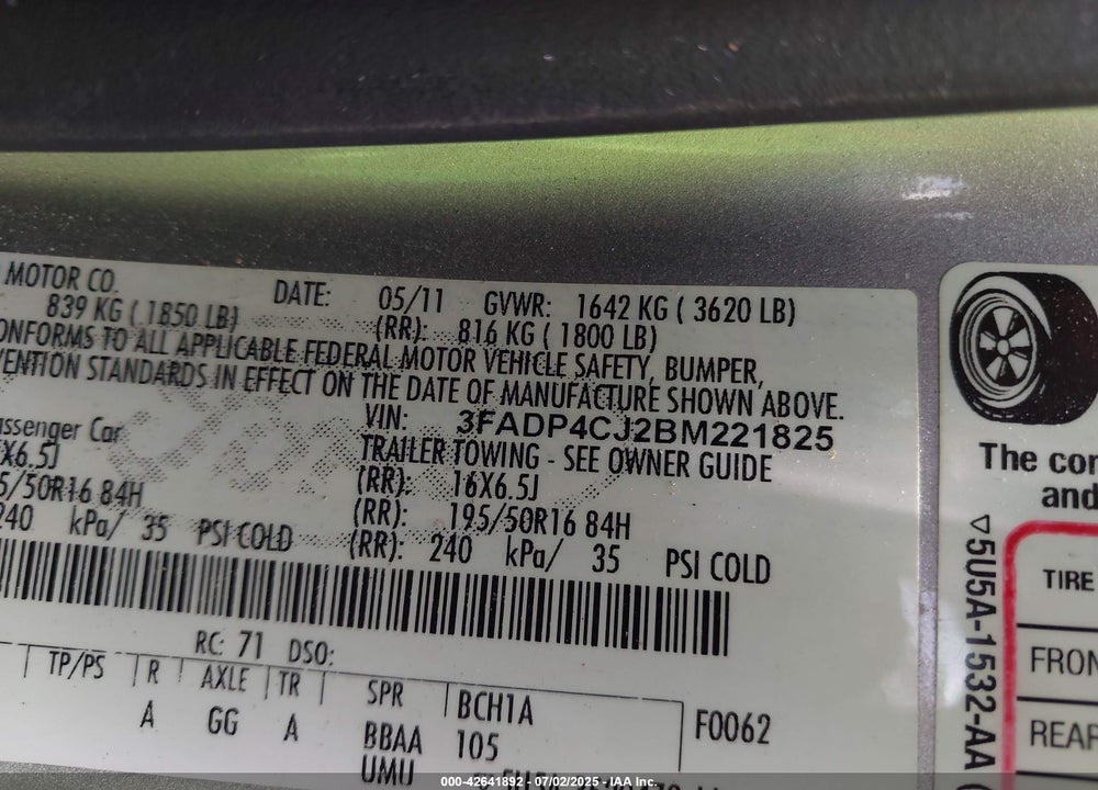 2011 FORD FIESTA VIN: 3FADP4CJ2BM221825