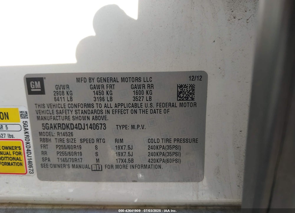 2013 BUICK ENCLAVE VIN: 5GAKRDKD4DJ140673