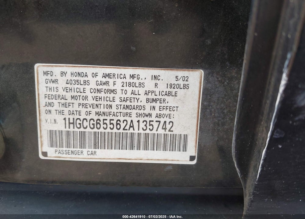 2002 HONDA ACCORD 2.3 LX VIN: 1HGCG65562A135742