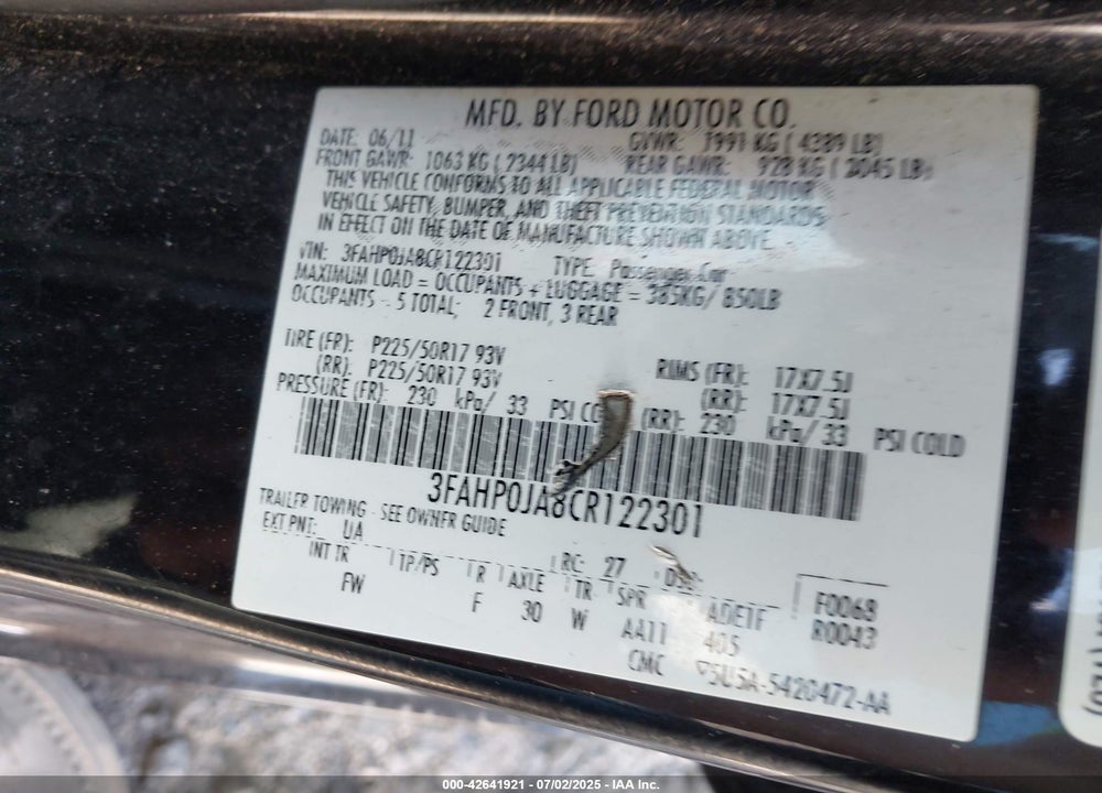 2012 FORD FUSION VIN: 3FAHP0JA8CR122301