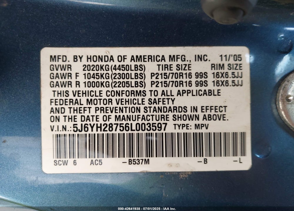 2006 HONDA ELEMENT VIN: 5J6YH28756L003597