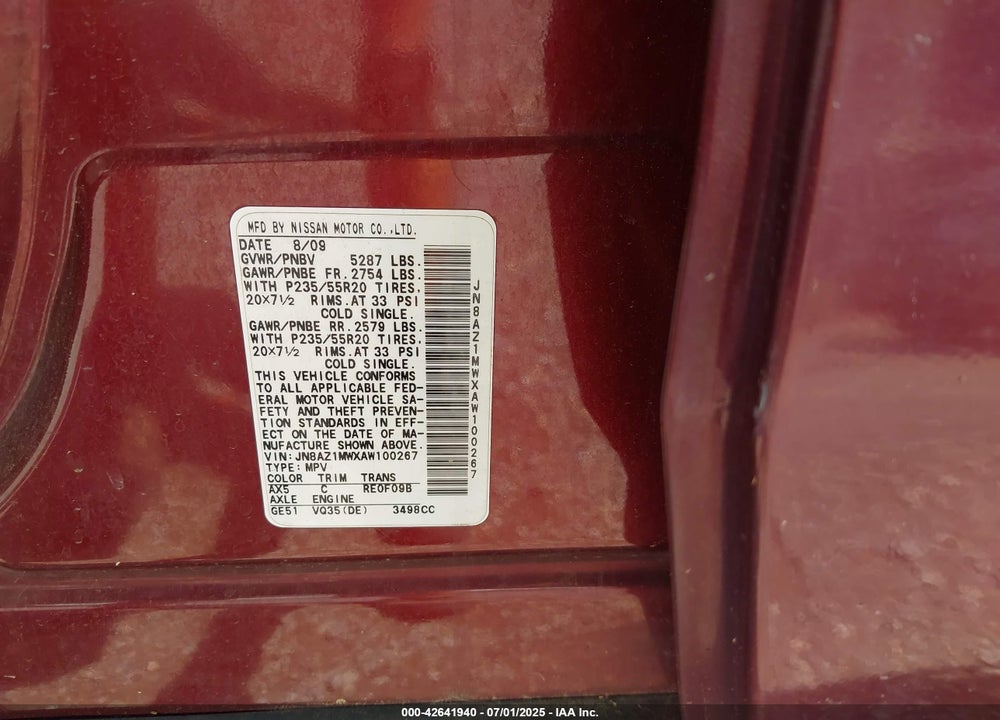 2010 NISSAN MURANO VIN: JN8AZ1MWXAW100267