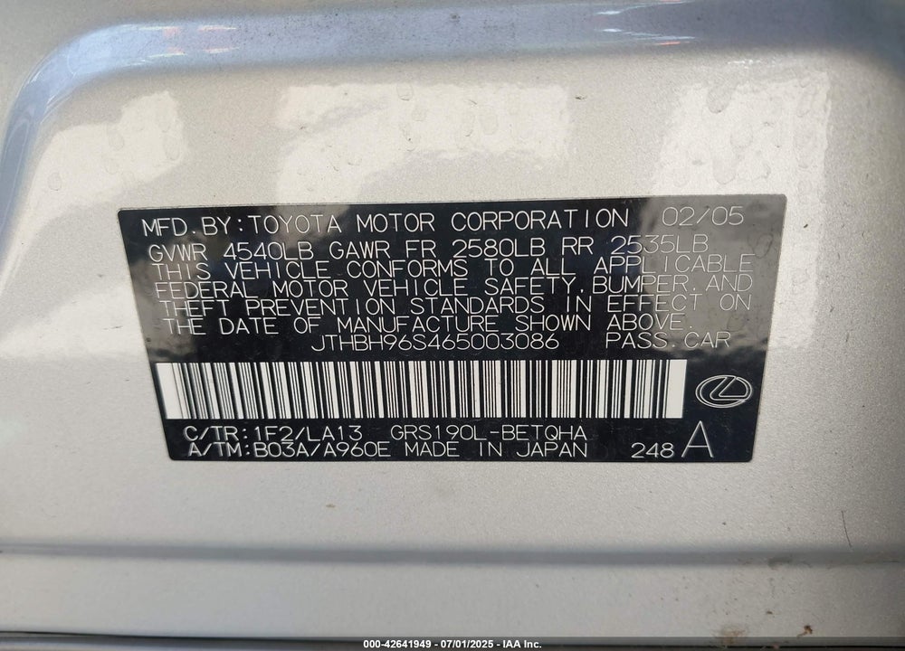 2006 LEXUS GS 300 VIN: JTHBH96S465003086