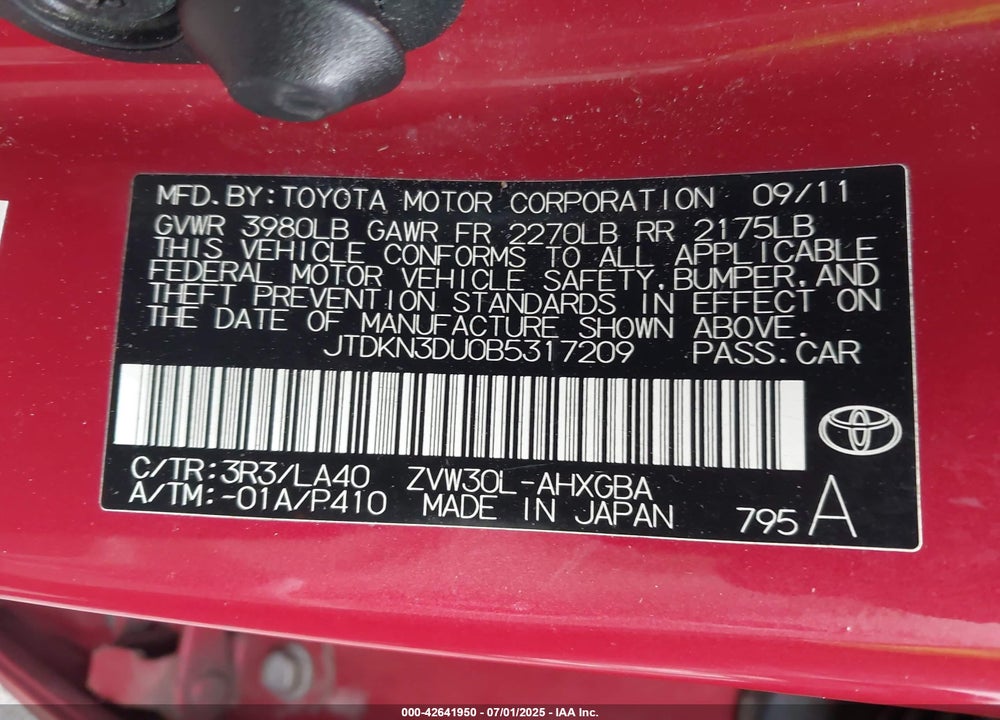 2011 TOYOTA PRIUS VIN: JTDKN3DU0B5317209