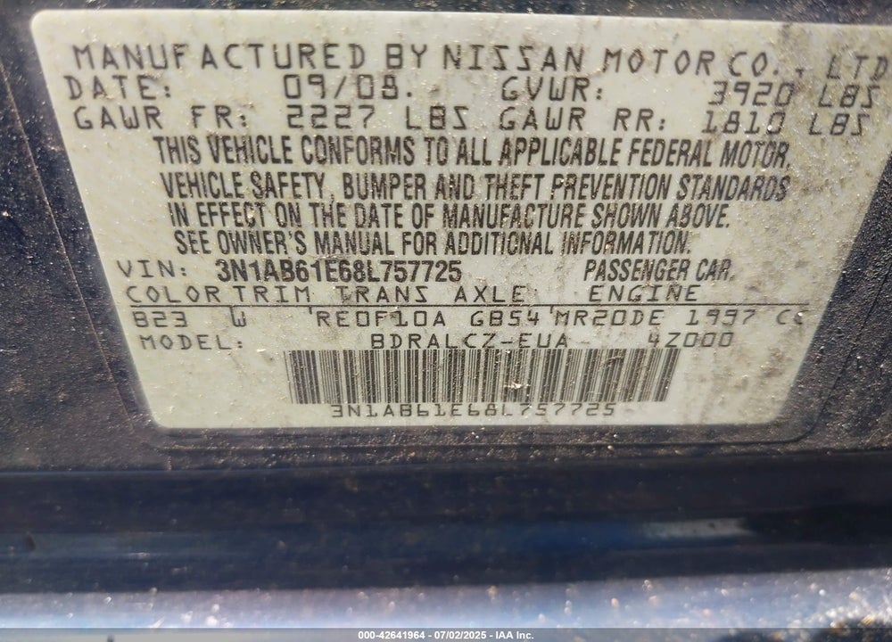 2008 NISSAN SENTRA 2.0 VIN: 3N1AB61E68L757725