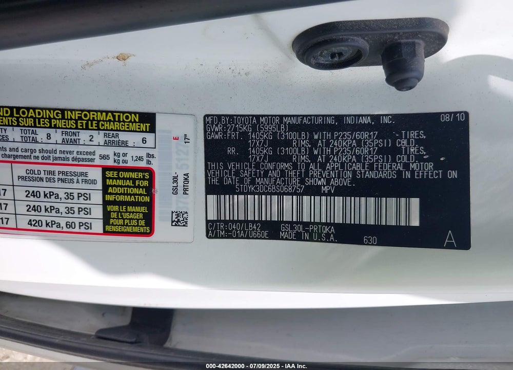 2011 TOYOTA SIENNA VIN: 5TDYK3DC6BS068757