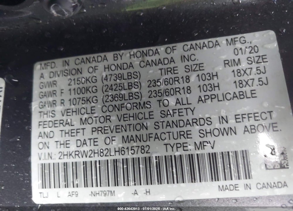 2020 HONDA CR-V AWD EX-L VIN: 2HKRW2H82LH615782