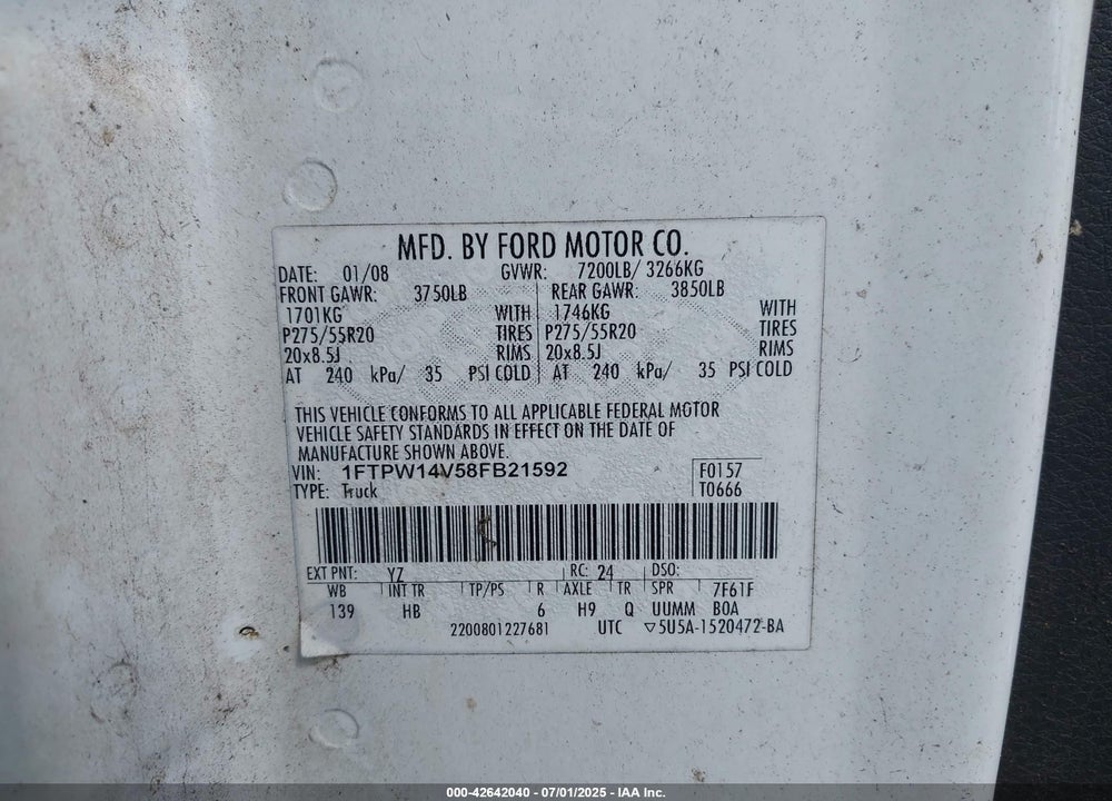 2008 FORD F-150 VIN: 1FTPW14V58FB21592