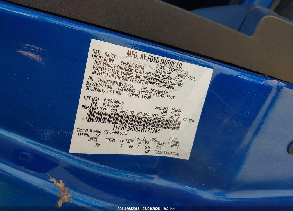 2010 FORD FOCUS VIN: 1FAHP3FN0AW121764