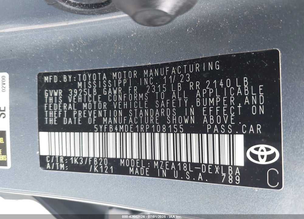 2024 TOYOTA COROLLA LE VIN: 5YFB4MDE1RP108155