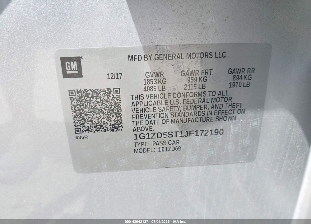 2018 CHEVROLET MALIBU VIN: 1G1ZD5ST1JF172190