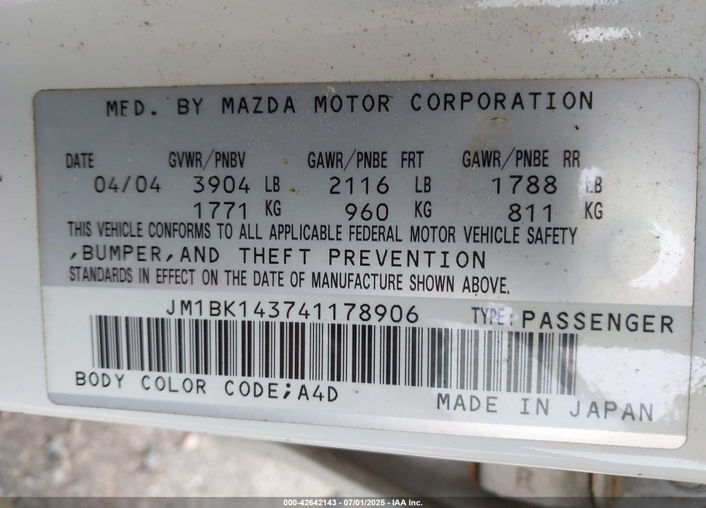 2004 MAZDA 3 S VIN: JM1BK143741178906