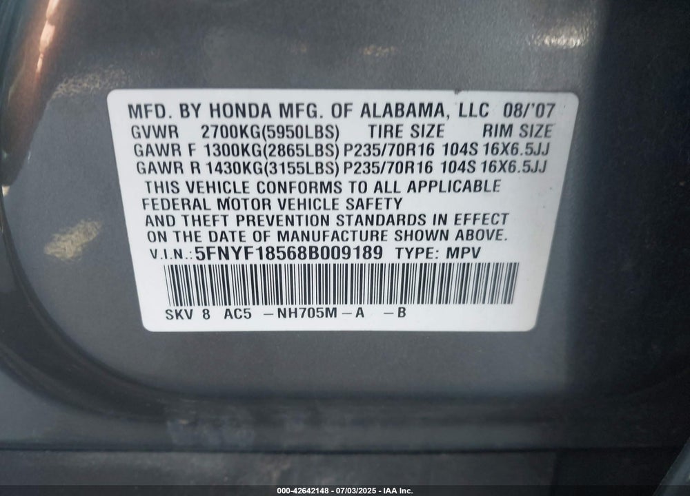 2008 HONDA PILOT VIN: 5FNYF18568B009189