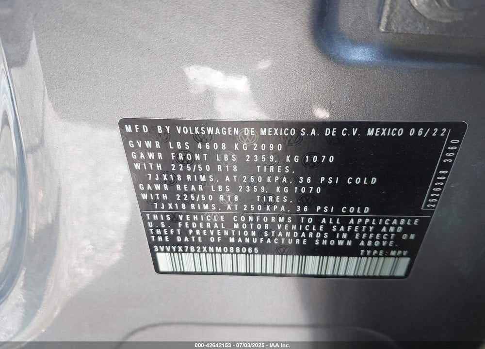 2022 VOLKSWAGEN TAOS VIN: 3VVYX7B2XNM088065