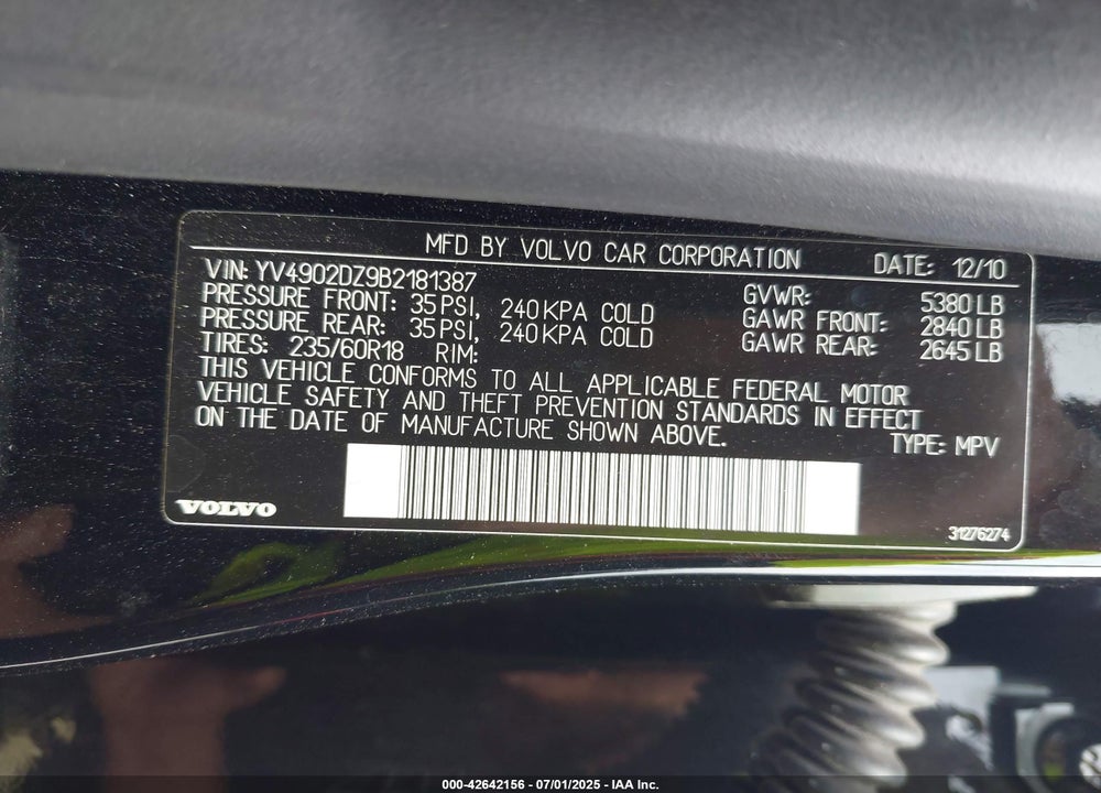 2011 VOLVO XC60 T6/T6 R-DESIGN VIN: YV4902DZ9B2181387
