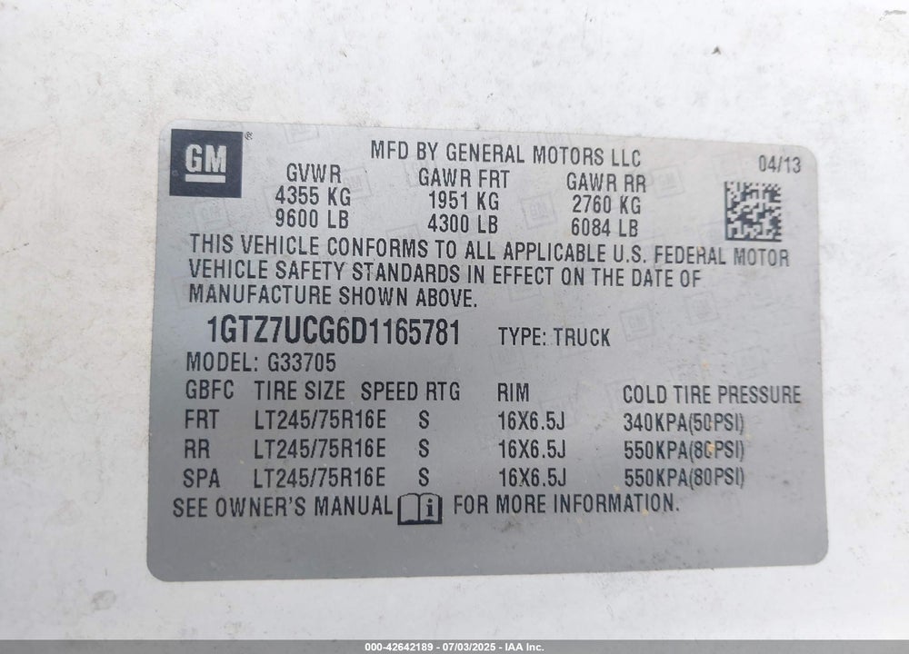 2013 GMC SAVANA 3500 WORK VAN VIN: 1GTZ7UCG6D1165781