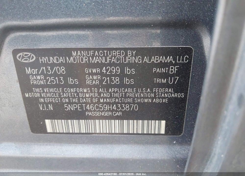 2009 HYUNDAI SONATA VIN: 5NPET46C59H433870