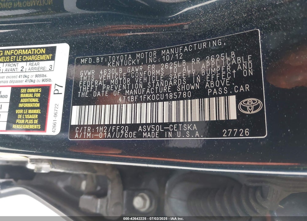 2012 TOYOTA CAMRY VIN: 4T1BF1FK0CU185780
