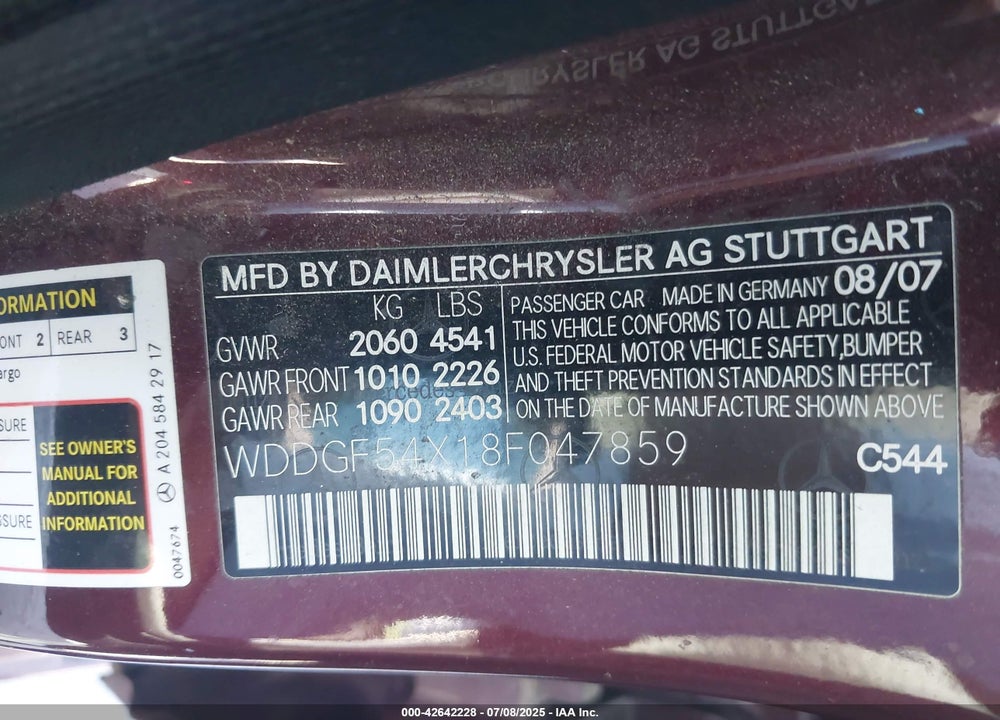 2008 MERCEDES-BENZ C 300 VIN: WDDGF54X18F047859