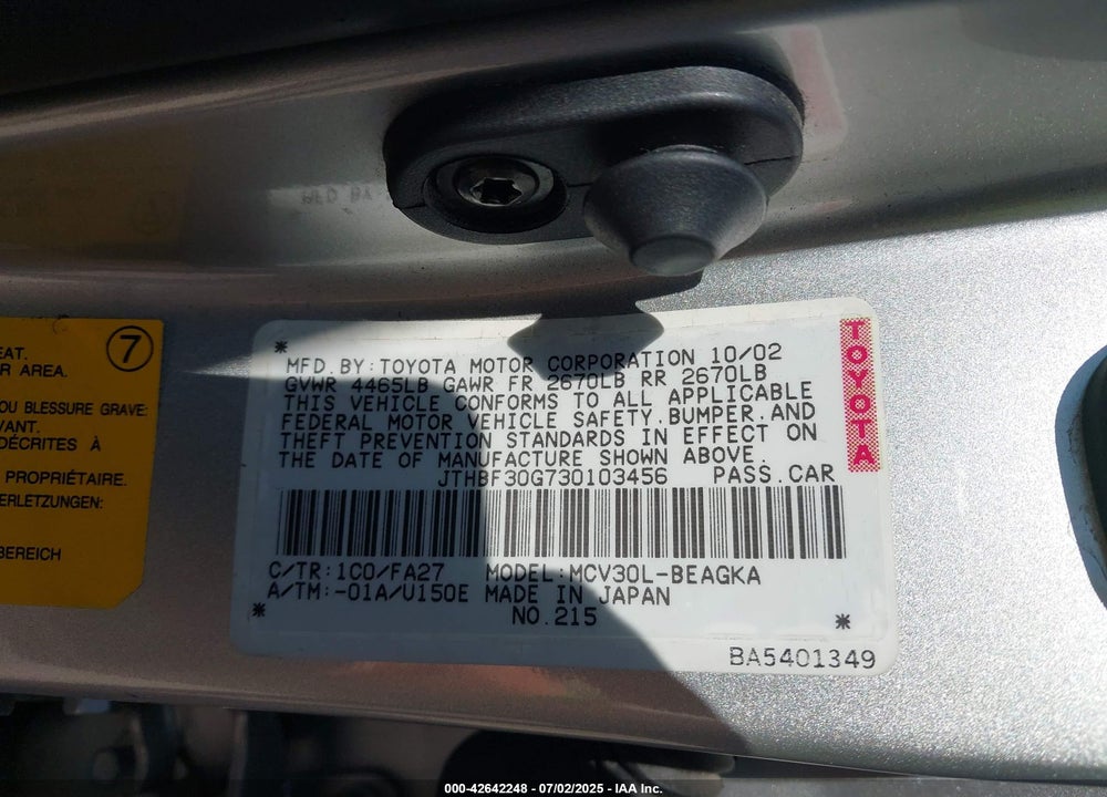 2003 LEXUS ES 300 VIN: JTHBF30G730103456