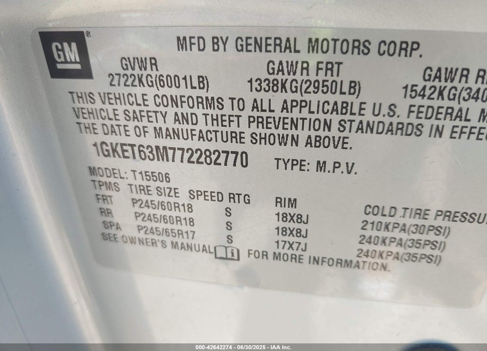 2007 GMC ENVOY VIN: 1GKET63M772282770