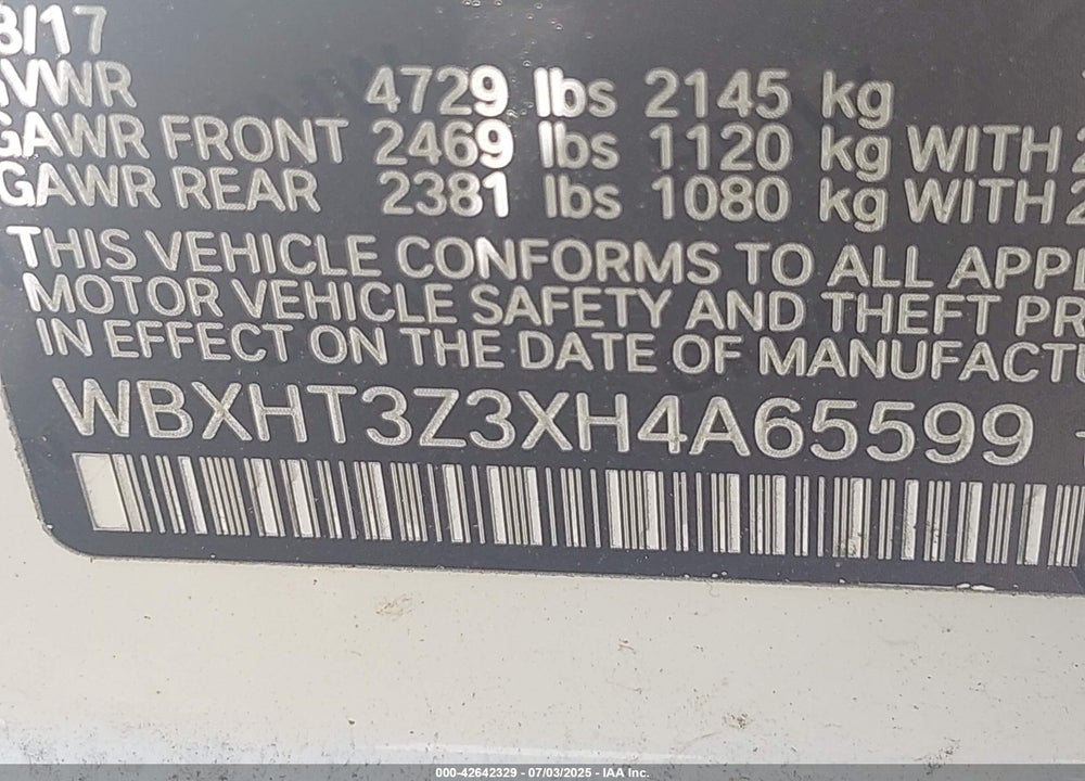 2017 BMW X1 VIN: WBXHT3Z3XH4A65599