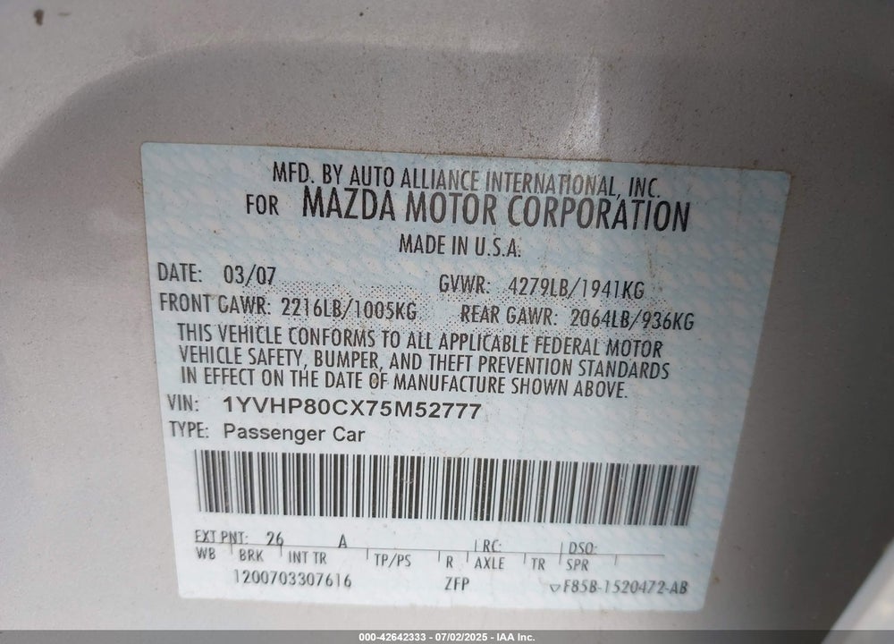 2007 MAZDA 6 VIN: 1YVHP80CX75M52777