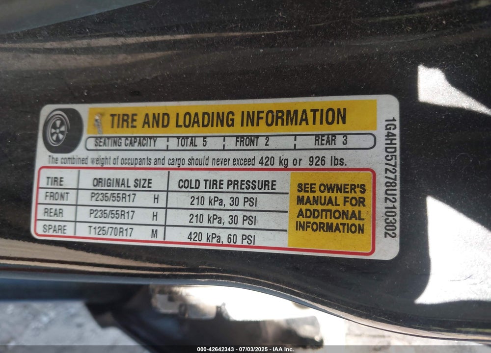 2008 BUICK LUCERNE VIN: 1G4HD57278U210302