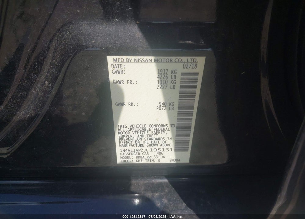 2018 NISSAN ALTIMA VIN: 1N4AL3AP2JC195131