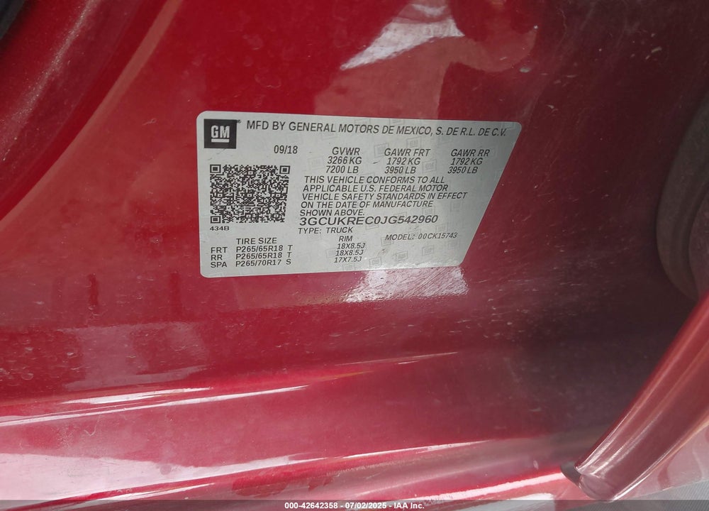 2018 CHEVROLET SILVERADO 1500 VIN: 3GCUKREC0JG542960