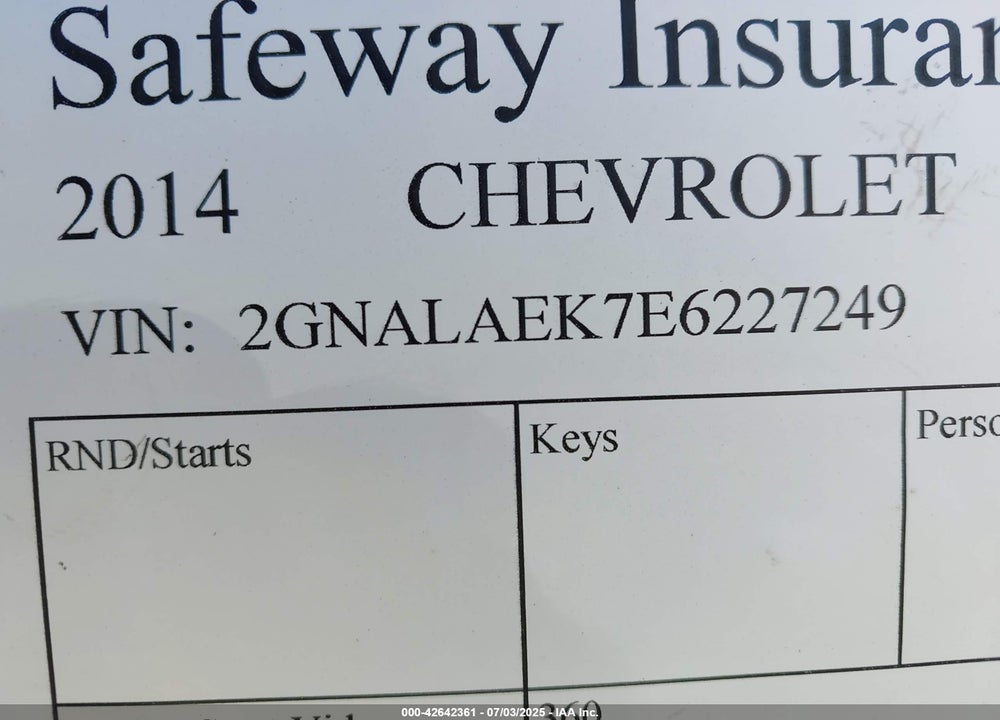 2014 CHEVROLET EQUINOX LS VIN: 2GNALAEK7E6227249