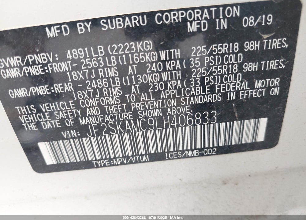 2020 SUBARU FORESTER VIN: JF2SKAMC9LH406833