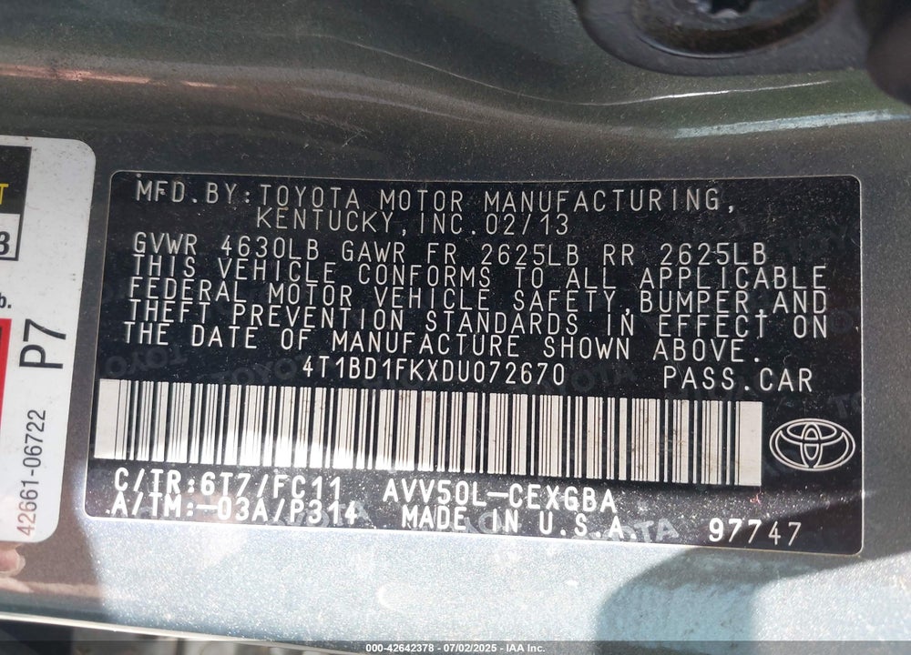 2013 TOYOTA CAMRY HYBRID VIN: 4T1BD1FKXDU072670