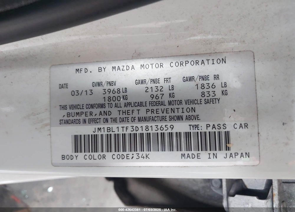 2013 MAZDA 3 VIN: JM1BL1TF3D1813659