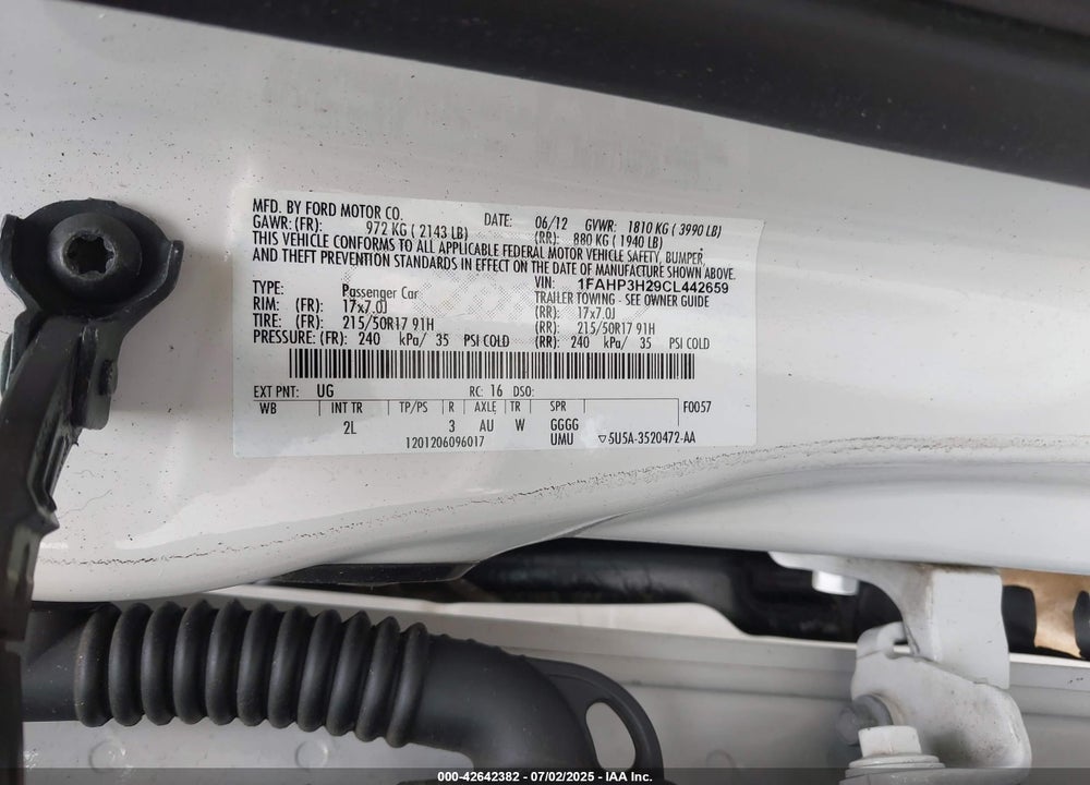 2012 FORD FOCUS VIN: 1FAHP3H29CL442659