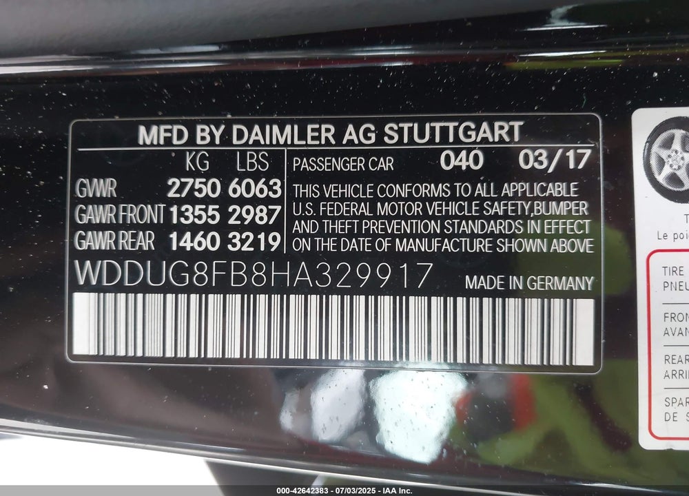 2017 MERCEDES-BENZ S CLASS VIN: WDDUG8FB8HA329917