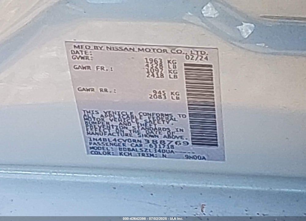 2024 NISSAN ALTIMA VIN: 1N4BL4CV0RN388769
