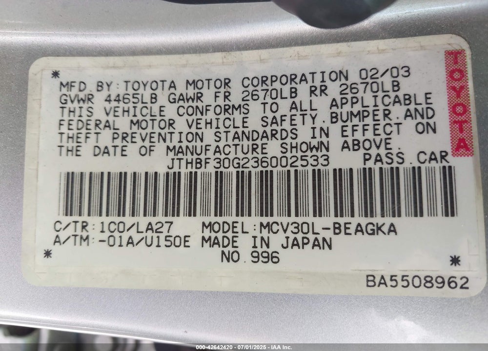 2003 LEXUS ES 300 VIN: JTHBF30G236002533