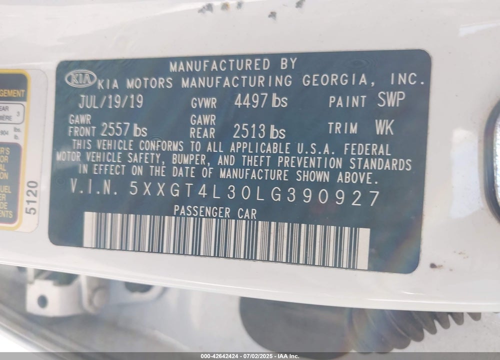 2020 KIA OPTIMA LX VIN: 5XXGT4L30LG390927