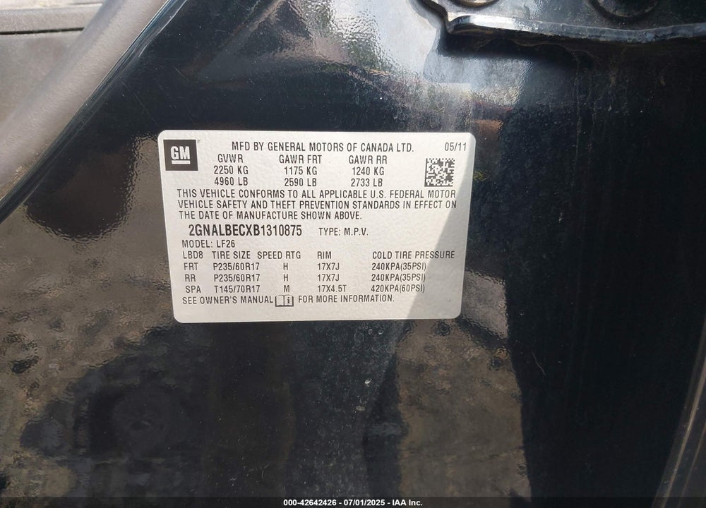 2011 CHEVROLET EQUINOX VIN: 2GNALBECXB1310875