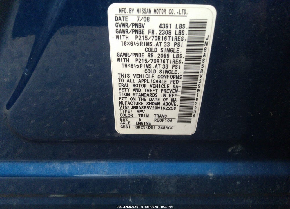 2009 NISSAN ROGUE VIN: JN8AS58V29W162206
