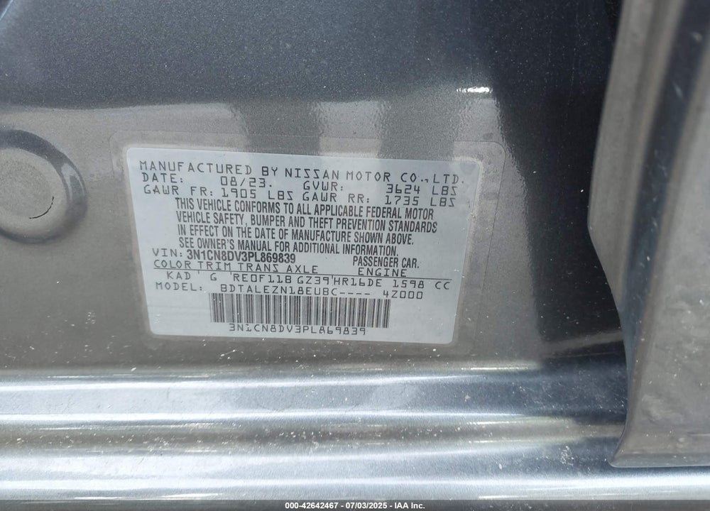 2023 NISSAN VERSA VIN: 3N1CN8DV3PL869839