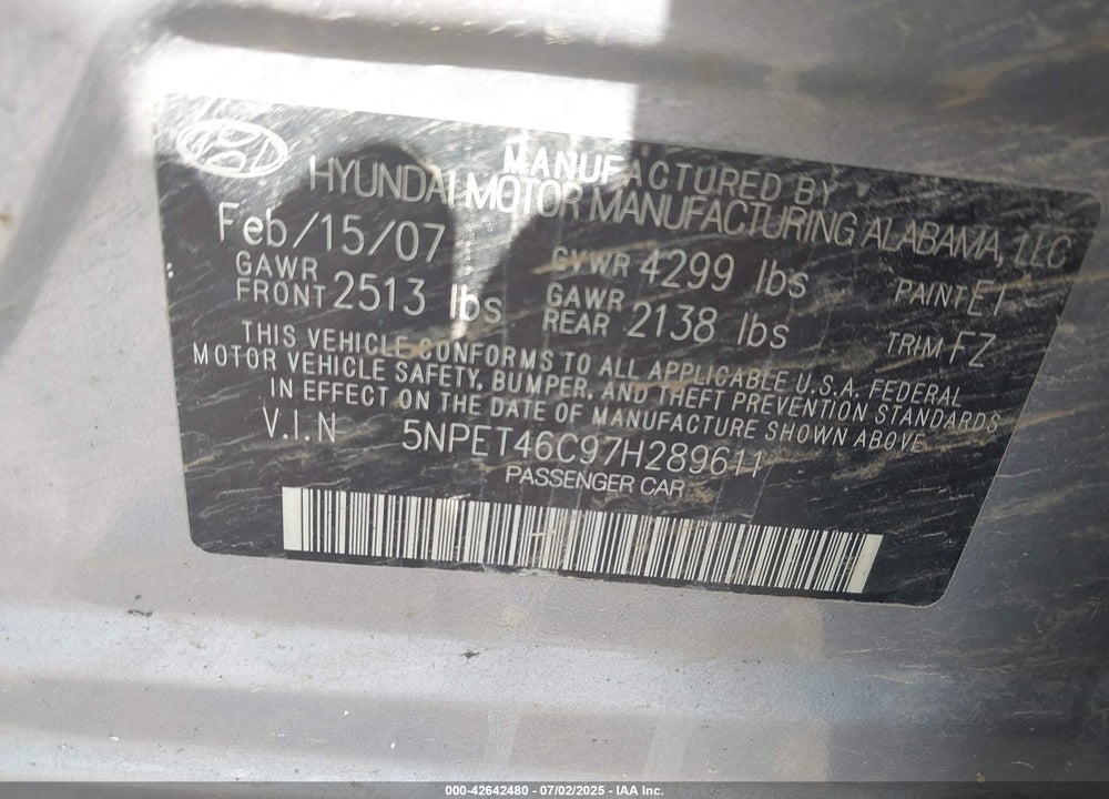 2007 HYUNDAI SONATA GLS VIN: 5NPET46C97H289611