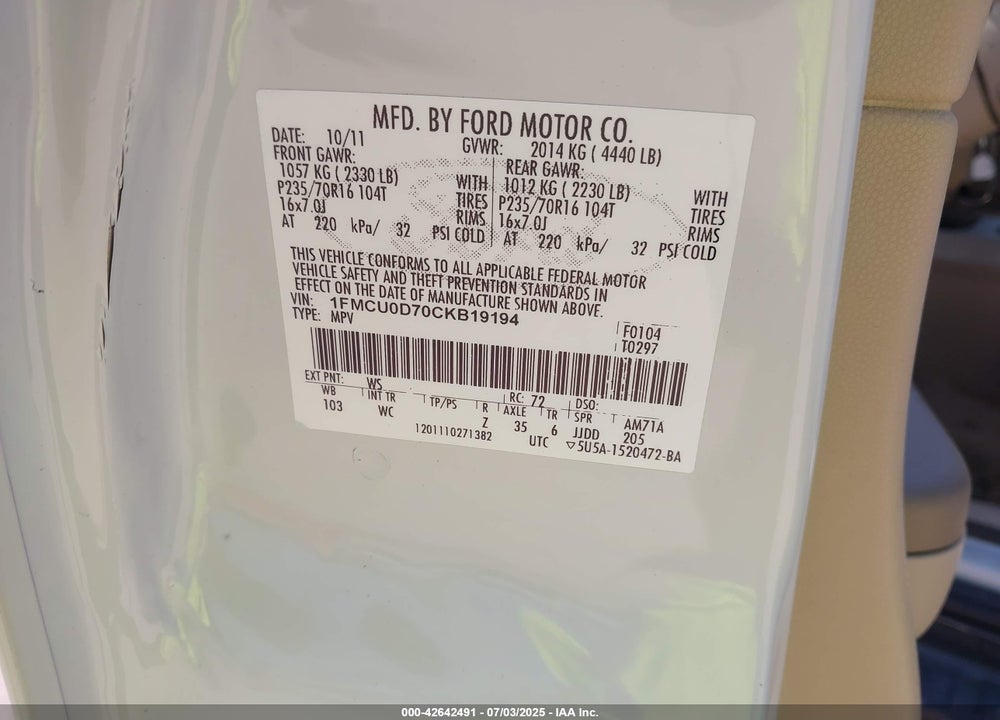 2012 FORD ESCAPE VIN: 1FMCU0D70CKB19194