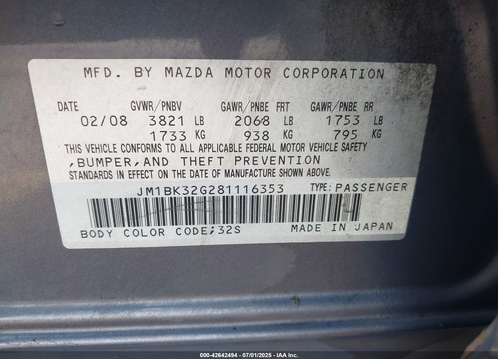 2008 MAZDA 3 VIN: JM1BK32G281116353