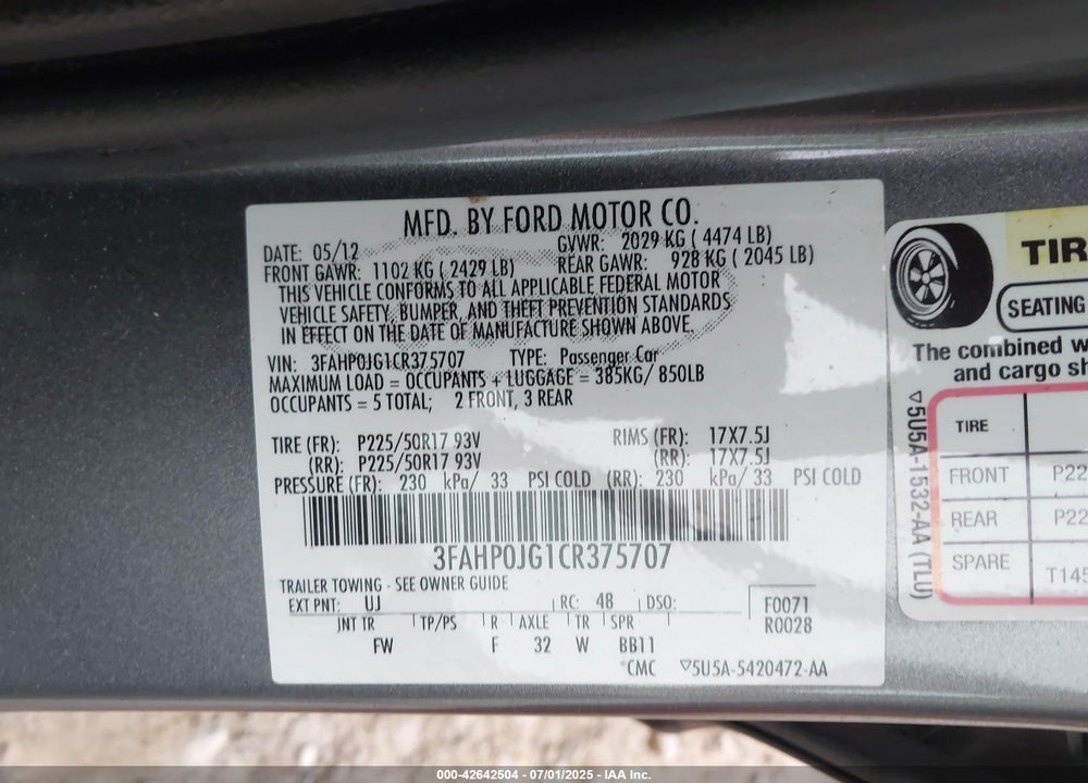 2012 FORD FUSION SEL VIN: 3FAHP0JG1CR375707
