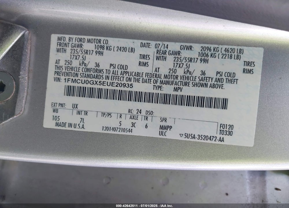 2014 FORD ESCAPE VIN: 1FMCU0GX5EUE20935